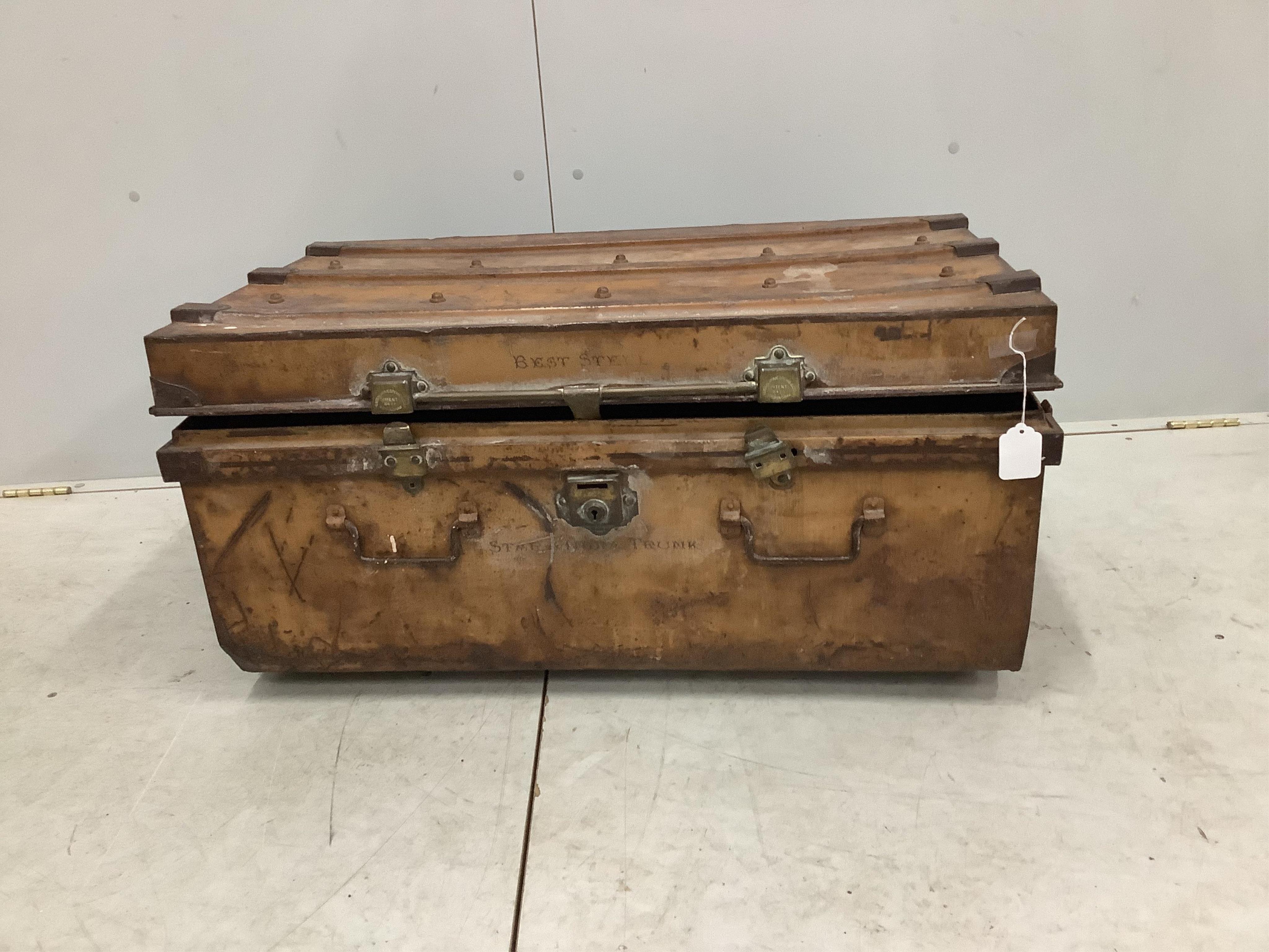A late Victorian Newton Shakespeare & Co. Ltd. Patent tin trunk, width 86cm, depth 54cm, height 40cm. Condition - poor